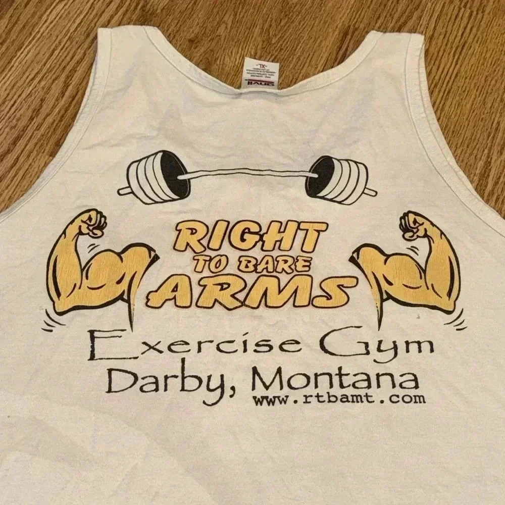 Muscle T Sleeveless Shirt Men Anvil VTG RIGHT TO BARE ARMS Exercise Gym Darby MT
